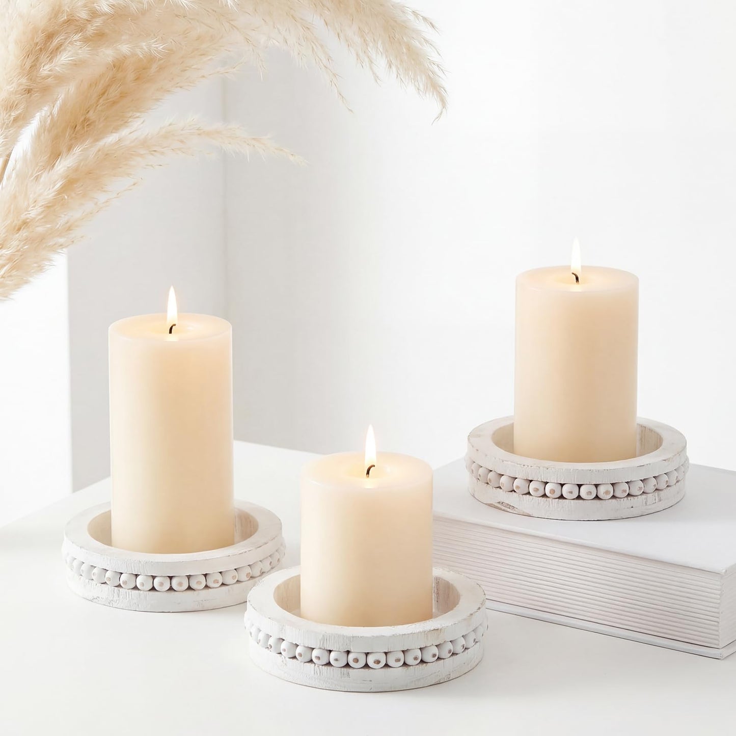 Candle Holder for Pillar Candles Set of 3 Farmhouse Wood Candle Holders Rustic Wooden Candle-Stand Decorative Wood Candlestick Holdersfor Living Room, Table Centerpiece Dining Fireplace(White)