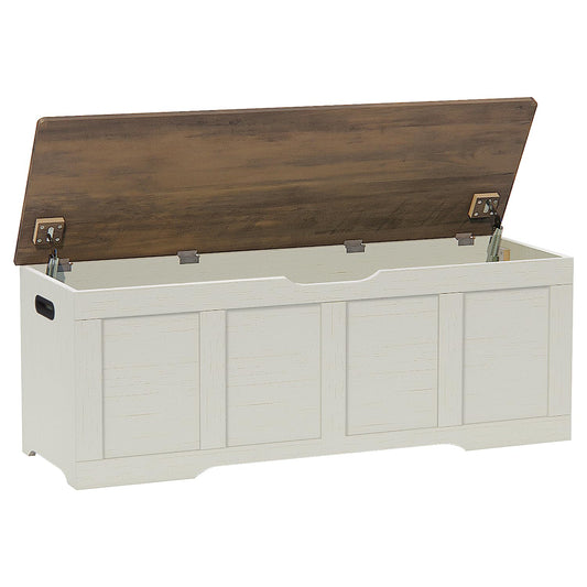 Timberer 47.2" Storage Chest, Extra Large Storage Trunk with 2 Safety Hinges, Wooden Storage Bench, Shoe Bench, Entryway Bench for Living Room, Bedroom, Brown and Rustic White