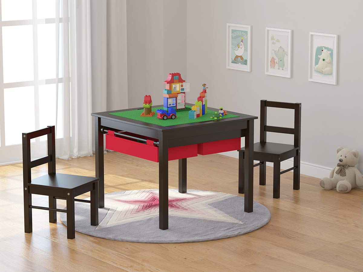 UTEX Wooden 2 in 1 Kids Construction Play Table and 2 Chairs Set with Storage Drawers, and Built in Plate Compatible with Lego and Duplo Bricks(Espresso with Red Drawers)