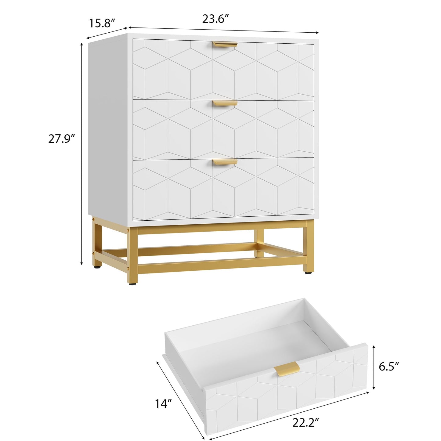 GAOMON 3 Drawer Dresser, Wood Chest Drawers with Storage for Closet, Bedroom, Drawers Dresser Modern Bedside Nightstand with Gold Handles, White