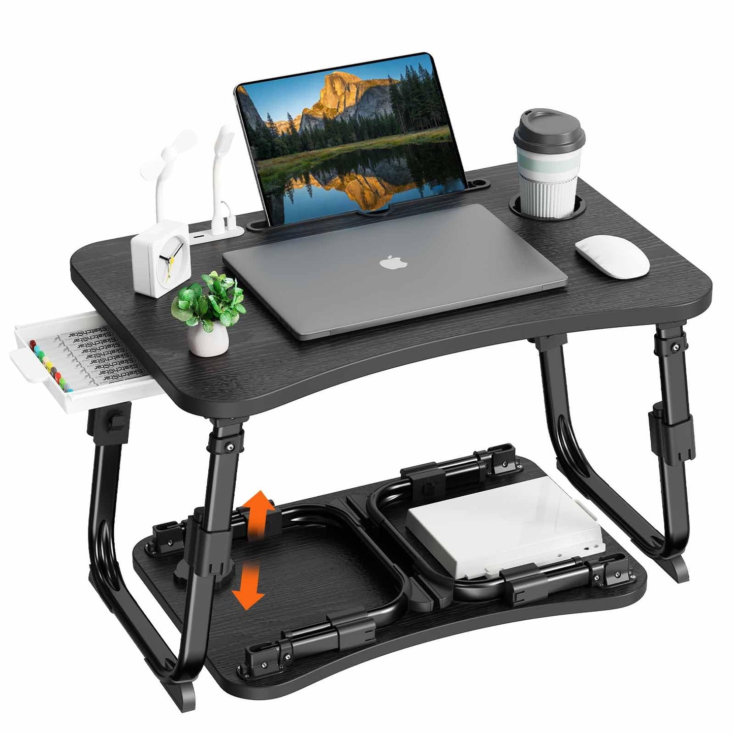 BYMECOST Laptop Desk for Bed, Height Adjustable Laptop Bed Table, Foldable Portable Lap Desk Stand with USB/Storage Drawer/Cup Holder/Slot, Breakfast Tray for Working Reading Writing Eating