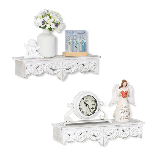 Walasis White Vintage Wall Shelves Decor - Antique Floating Shelf Wood Wall French Country Decor Farmhouse Rustic Hanging Shelves for Living Room Bedroom (16.5"+15")