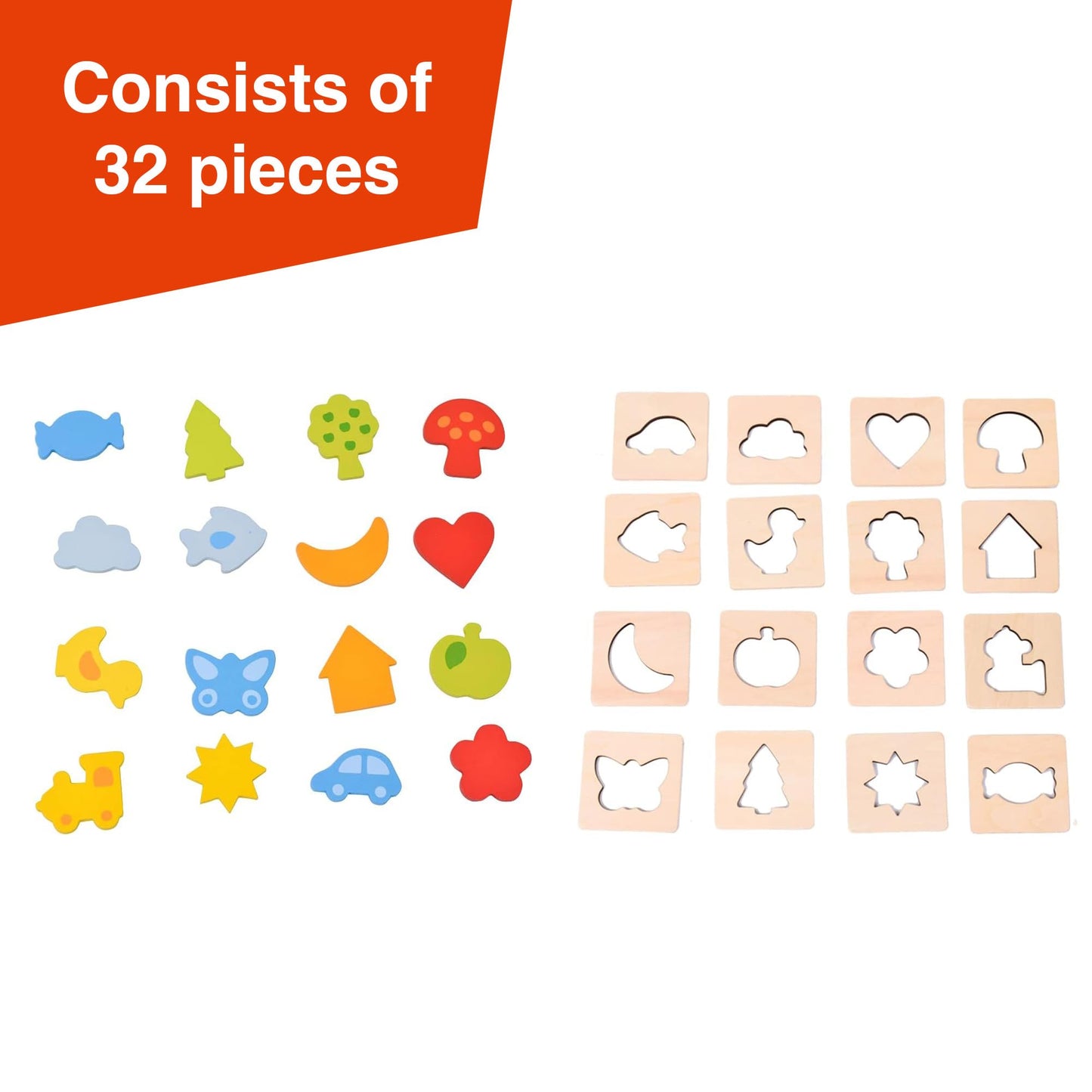 GOKI Sensory Matching Game for Toddlers 3+ Wooden Memory Game & Shape Matching Montessori Toy, 16 Pieces with Cotton Bag, Fine Motor Skills Learning Toy