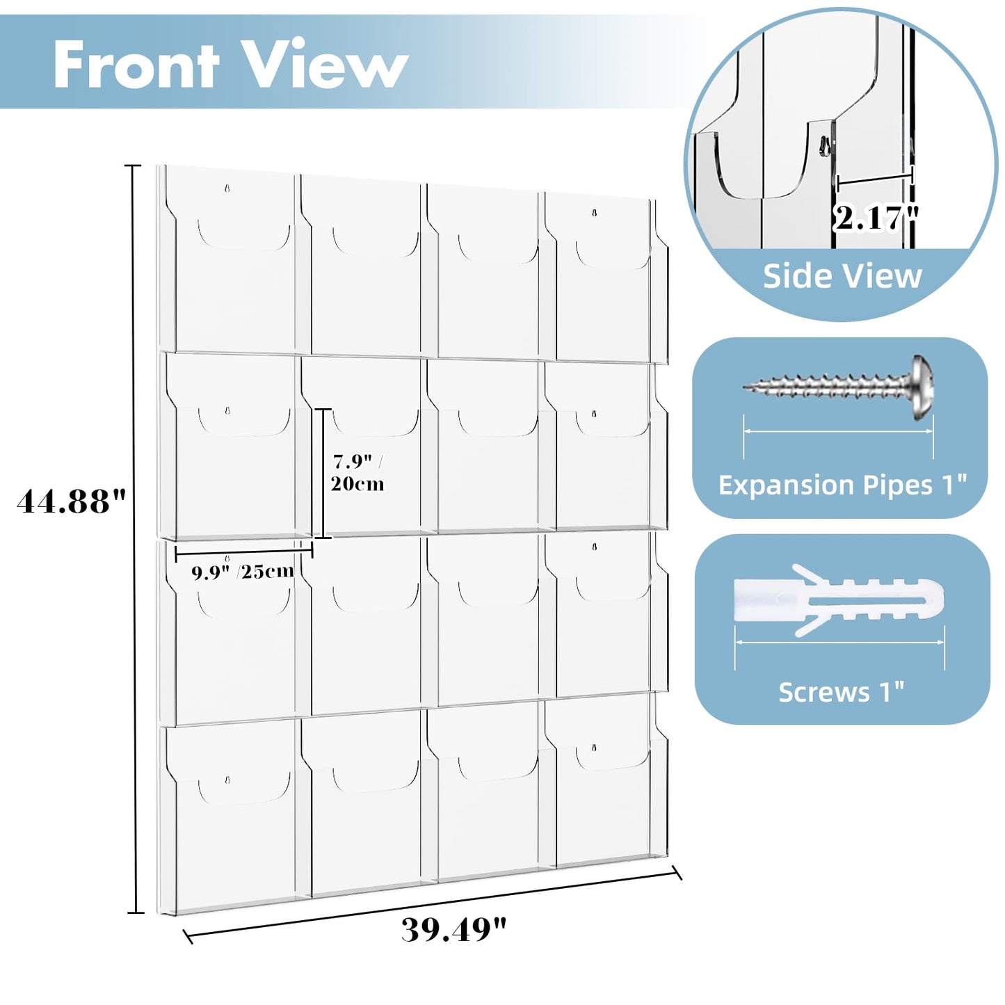 Acrylic Brochure Pamphlet Holder, 16 Magazine Holders, Clear Brochure Display Stand Wall Mount, Trifold Flyer Rack, Literature Storage Rack for Home, Offices, Waiting Room