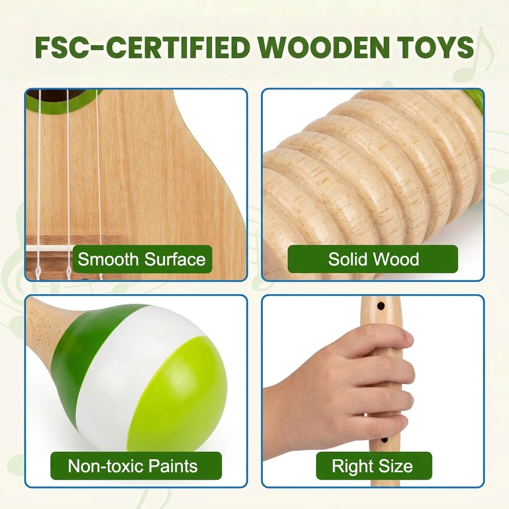 Raimy Kids Guitar Set, 7 in 1 Wooden Musical Instruments for Toddlers 3+ Montessori Music Toys Set with Ukulele/Tambourine/Hand Bell/Clarinet/Guiro/Maraca for Boys Girls Birthday Gift (Green)