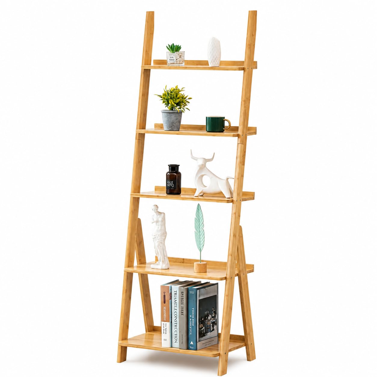 Maydear Bamboo Ladder Shelf Bookcase, 5-Tier Leaning Bookshelf Free Standing Organizer Storage Shelves for Living Room, Bedroom, Kitchen, Home Office, Balcony, Natural Wood