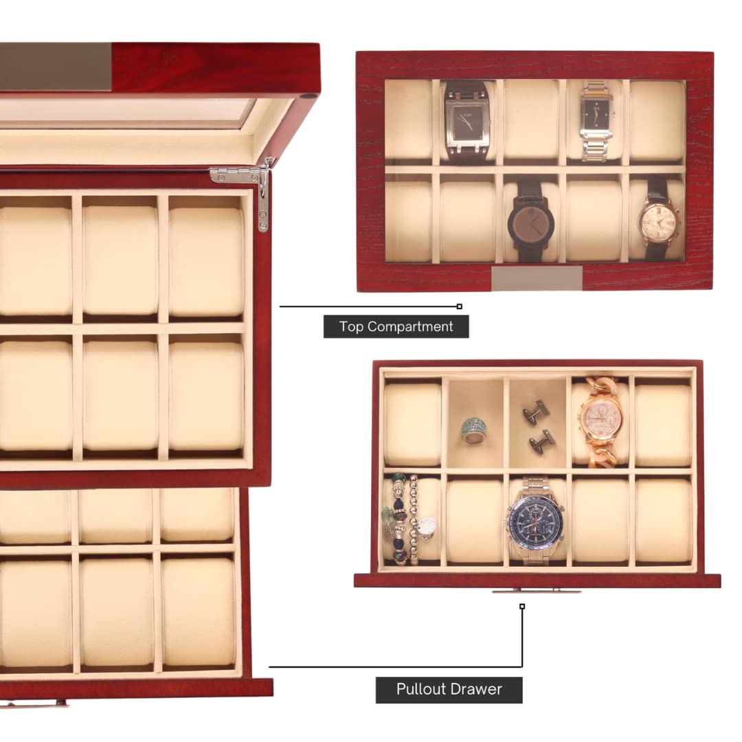 Decorebay Cherry Oak Wood 20 Slot Watch display case and Jewelry Box Storage Organizer (Darling)