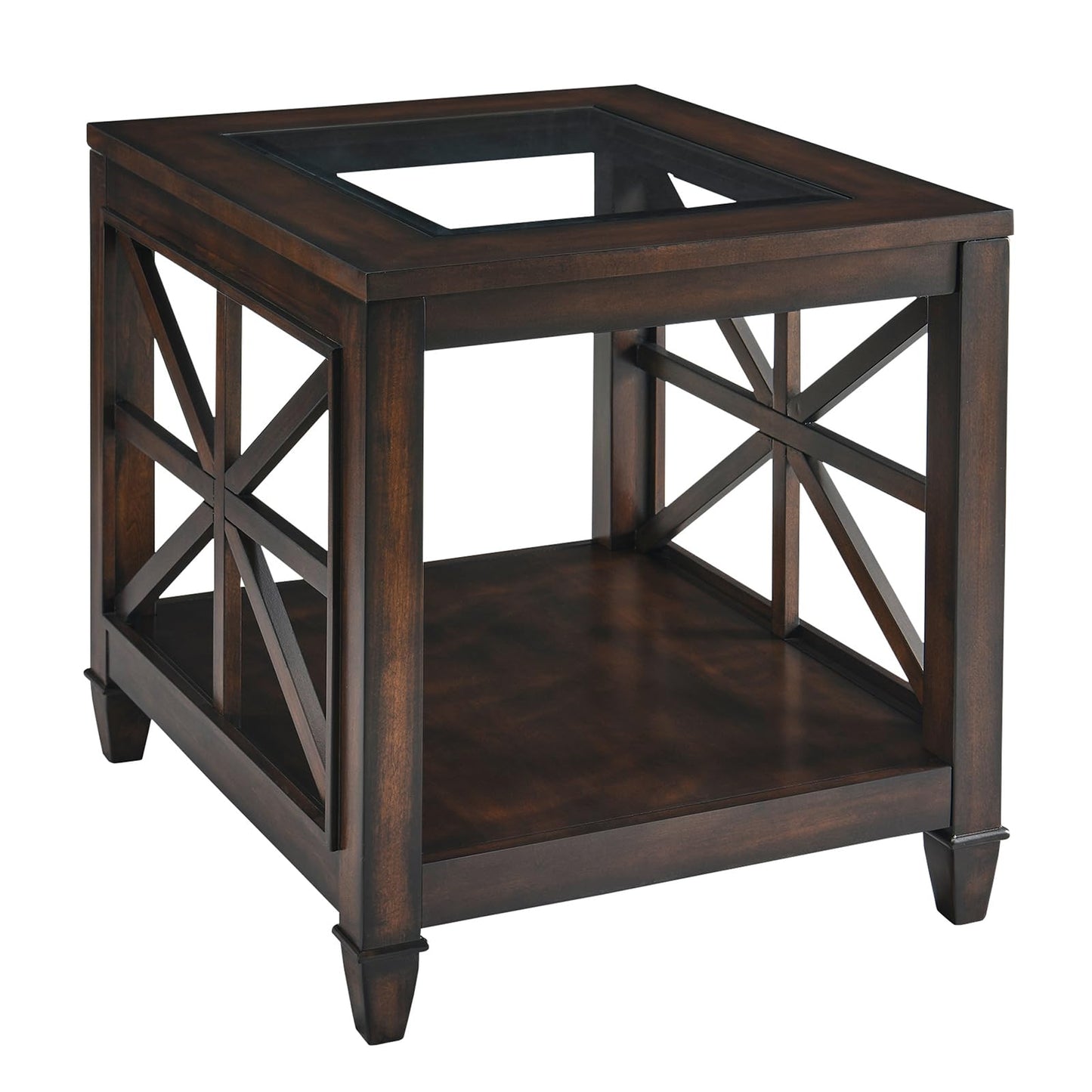 BAXMUY Solid Wood End Table with Tempered Glass Top, 28" x 24" Large Farmhouse Side Table for Living Room, Bedroom & Office, Vintage Walnut