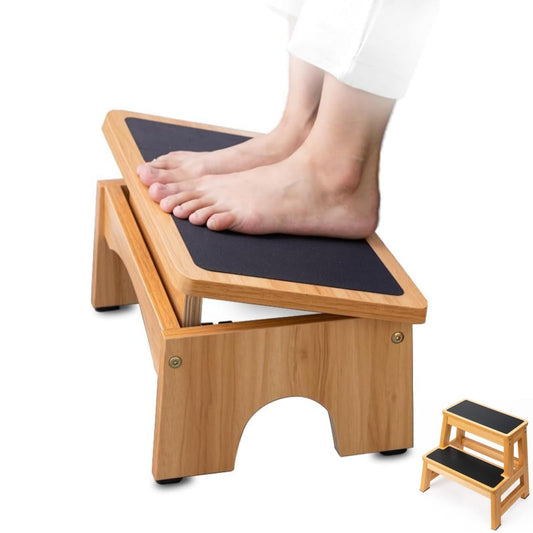 StrongTek 17″ Step Stool & 7″ Adjustable Foot Rest Set, Heavy-Duty Two-Step Wooden Stool (500 lb) + 3-Level Under-Desk Foot Stool, Non-Slip Support for Kitchen, Bed & Office