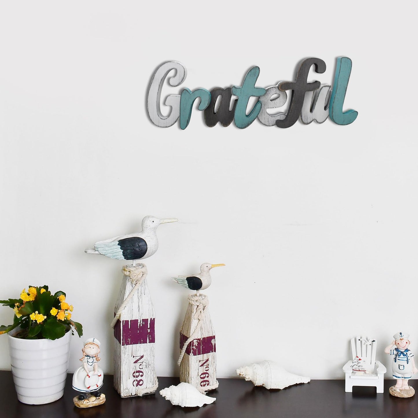 Rustic Wooden Teal Home Sign Decorative Cutout Letters Freestanding Block Word Sign Hanging Ornament Table Shelf Decor (Grateful)