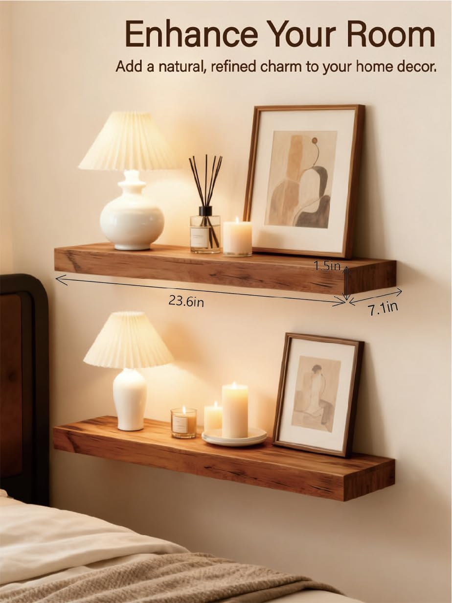 Sniffury Solid Wood Floating Shelves,23.6in Finished Real Wood Wall Shelves with Heavy-Duty Hidden Bracket, Easy Installation, Set of 2, 23.6in x 7.1in x 1.5in, for Living Room Bedroom Kitchen,Bronze