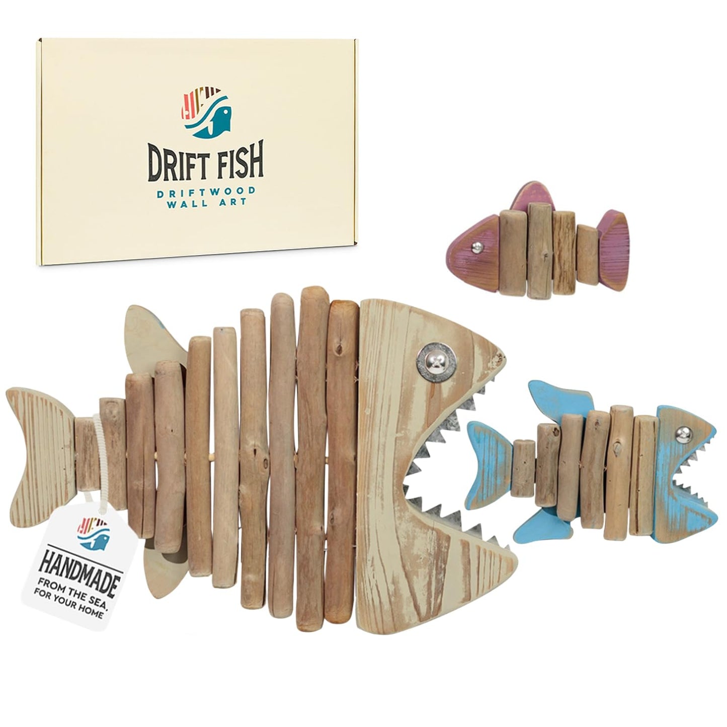 Driftwood Fish 3-in-1 Nautical Wall Decor - Handmade Wooden Rustic Coastal Wall Art for Living Room, Bedroom, Office, Bathroom - Ocean Beach Decoration (Skelly)