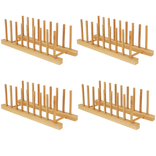 Yuixoseu Bamboo Dish Drying Rack Kitchen Cabinet Organizer, Plate Pot Lid Organizer, Wooden Drying Rack Stand Drainer for Dish, Pots, Lids, Bowls, Cups, and Cutting Boards and Books (4PCS)