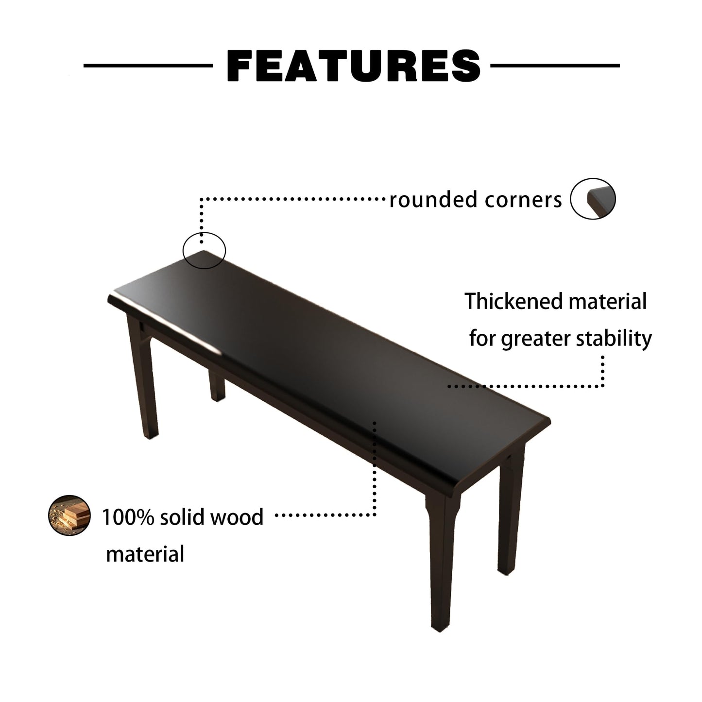 Wilk Wooden Entryway Bench, 47’’ Indoor End of Bed Bench, 100% Solid Oak Wood (Black)