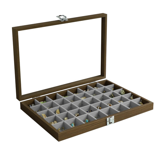 Stratalife 40 Grid Wood Jewelry Organizer with Clear Lid: Vintage Jewelry Tray for Earrings, Rings, Necklaces, Bracelets Jewelry Storage with Removable Velvet Dividers for Dresser & Vanity, Gray