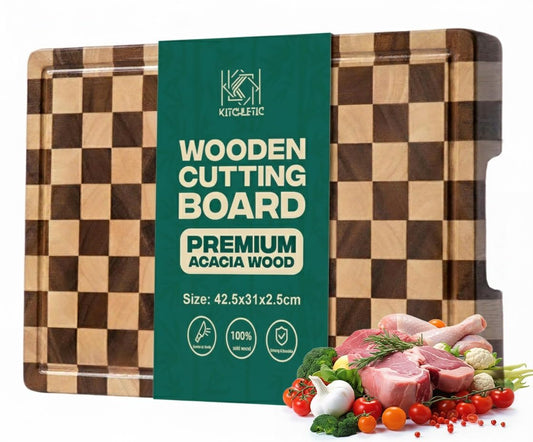 Kitchletic Charcuterie Board & Cutting Board for Kitchen – Acacia Wood Butcher Block with Juice Grooves & Handles, Large 16.5"x11.6" Serving Tray, Gift Box Included – Care Guide Inside