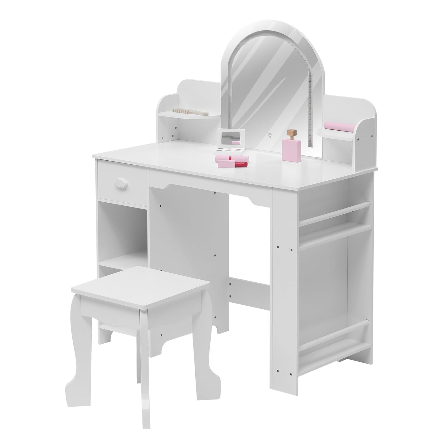 GarveeLife Kids Vanity with Lighted Mirror & Stool, Toddler Vanity Set for Little Girls, Girls Vanity Set with Adjustable LED Light & Bookshelf, Wooden Makeup Playset, (White Ages 3-9)
