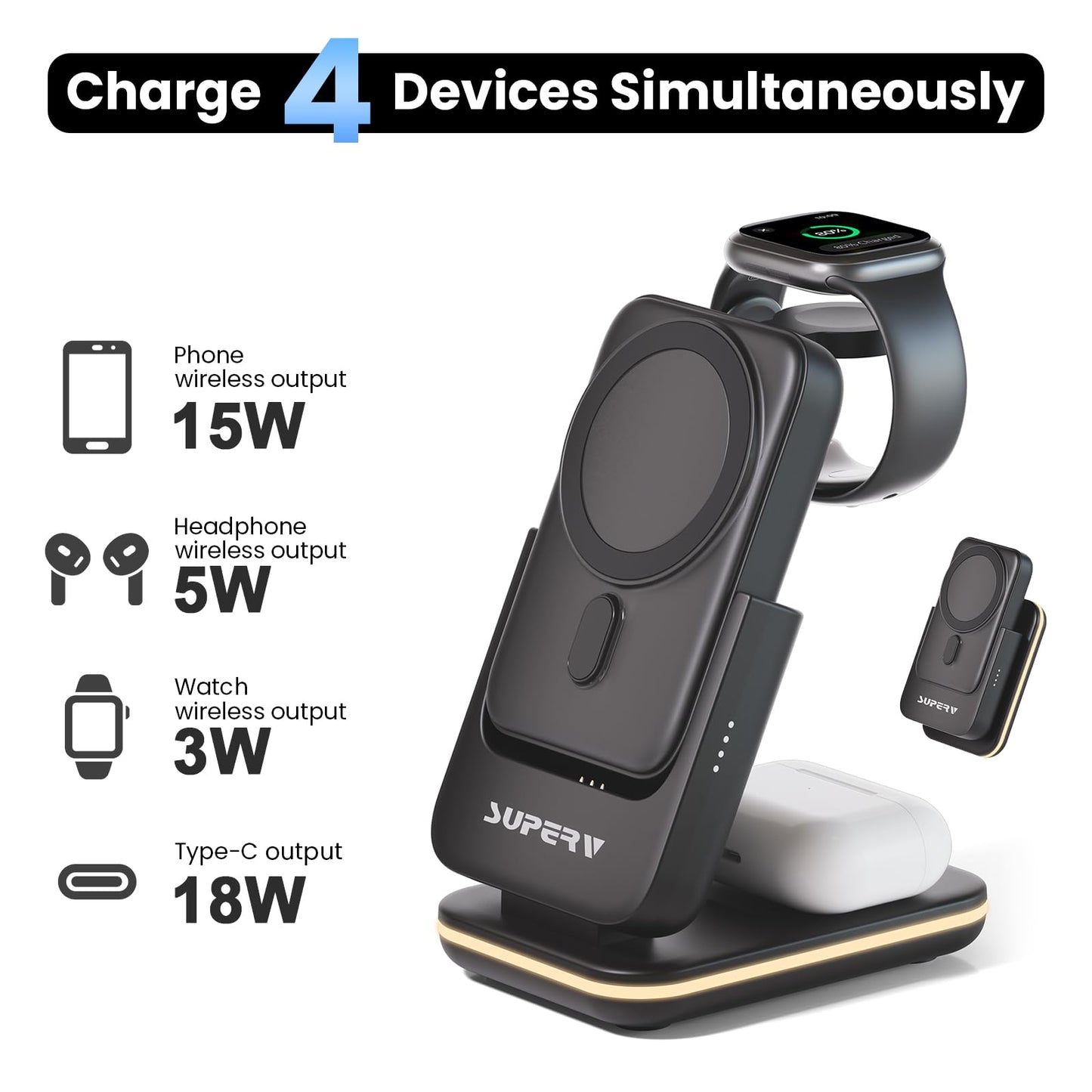 SUPERV 4 in 1 Wireless Charging Station: 5000mAh Removable Power Bank Foldable Charging Stand - Portable Magnetic Battery Pack for iPhone 17/16/15/14/13/12 Series and Apple Watch/AirPods (Black)