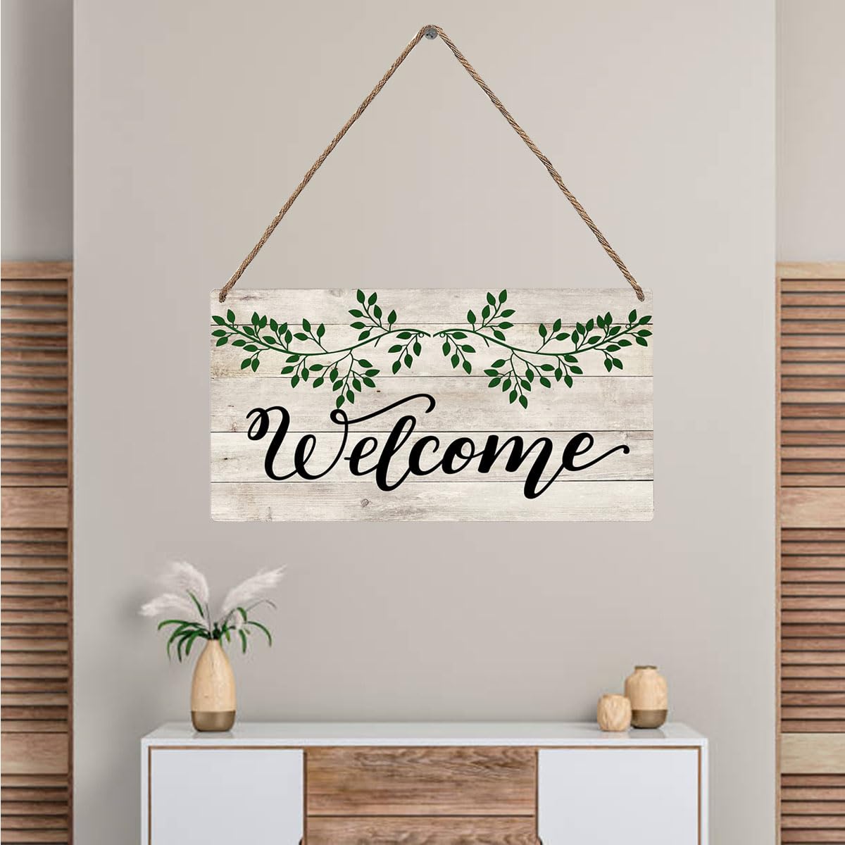 Mdulftar Eucalyptus Leaves Wooden Welcome Sign for Front Door, 6x12 Inch Rustic Farmhouse Hanging Door Sign, Porch Wall Decor Rustic Home Art, Housewarming Gift for New Home