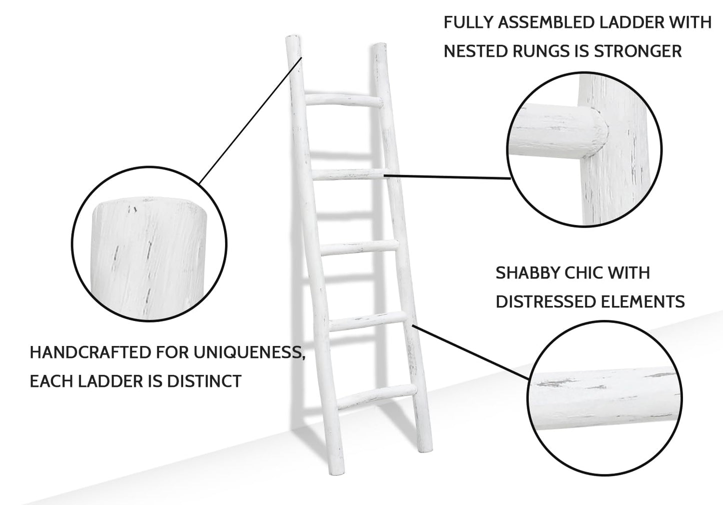 FUIN Fully Assembled 57in Wood Blanket Ladder Living Room Decorative Wall Leaning Farmhouse Quilt Display Holder Rustic Wooden Towel Rack for Bathroom, White