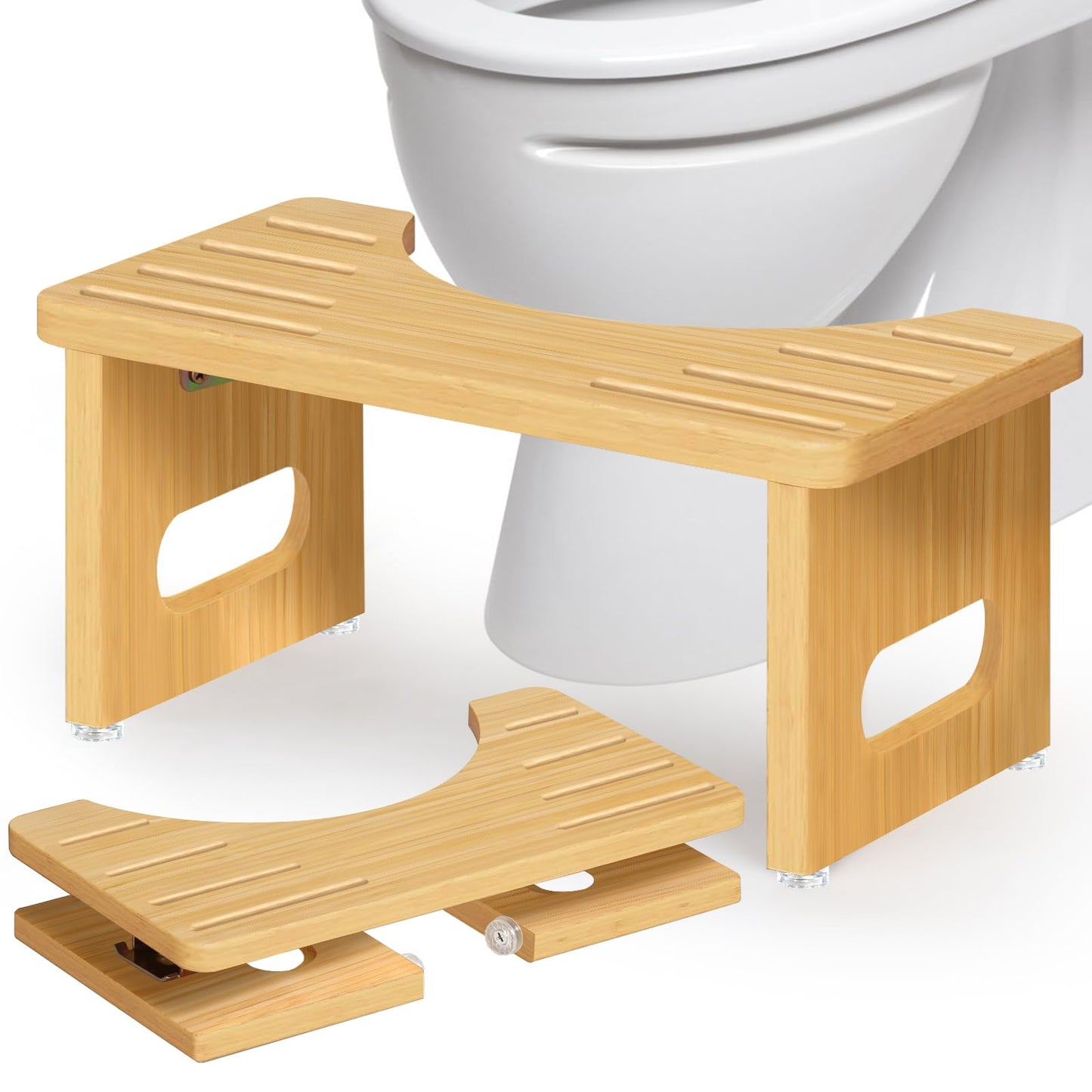 Foldable Toilet Stool, Bamboo Toilet Stool Squat for Adults, 7 Inches Poop Stool for Bathroom, Collapsible Potty Step Stool with Non-Slip Strip, Space-Saving, No Assembly (Natural)