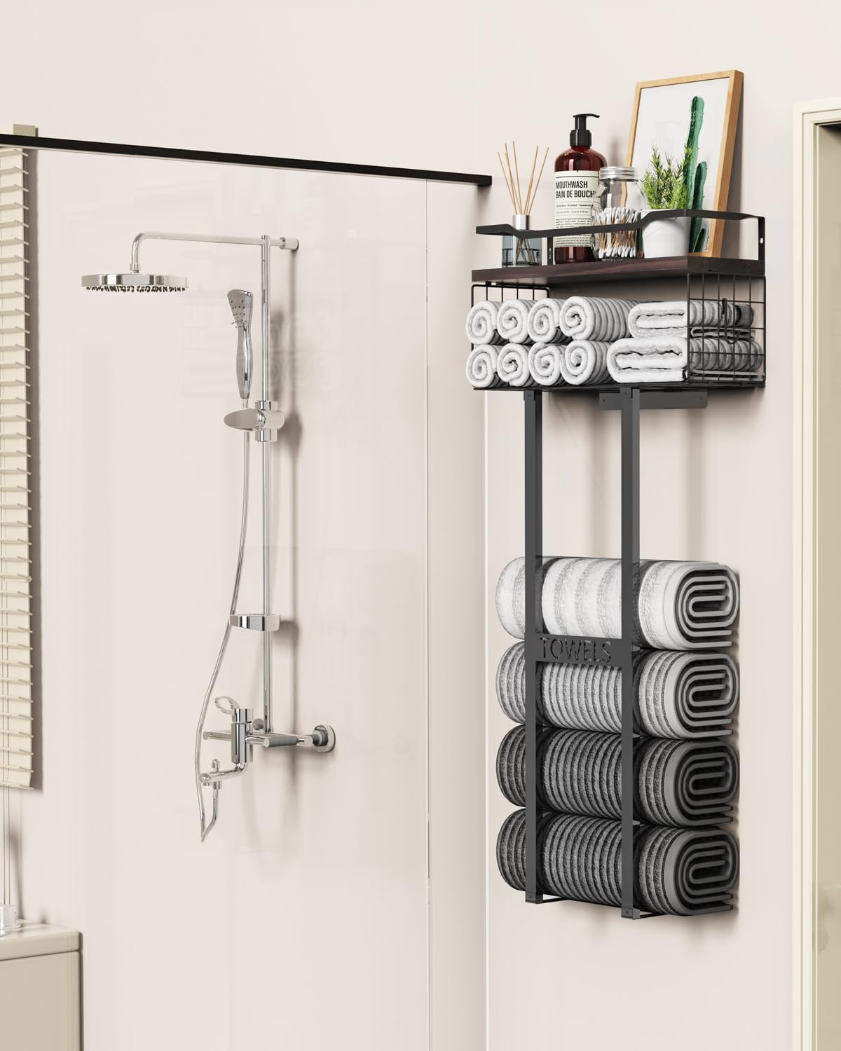 Large Towel Rack & Bathroom Towel Holder - Wall Mounted Metal Rack with Wooden Floating Shelf, Small Bathroom Towel Storage, Easy Holds 6 Large Rolled Towels, Black with Brown Plank