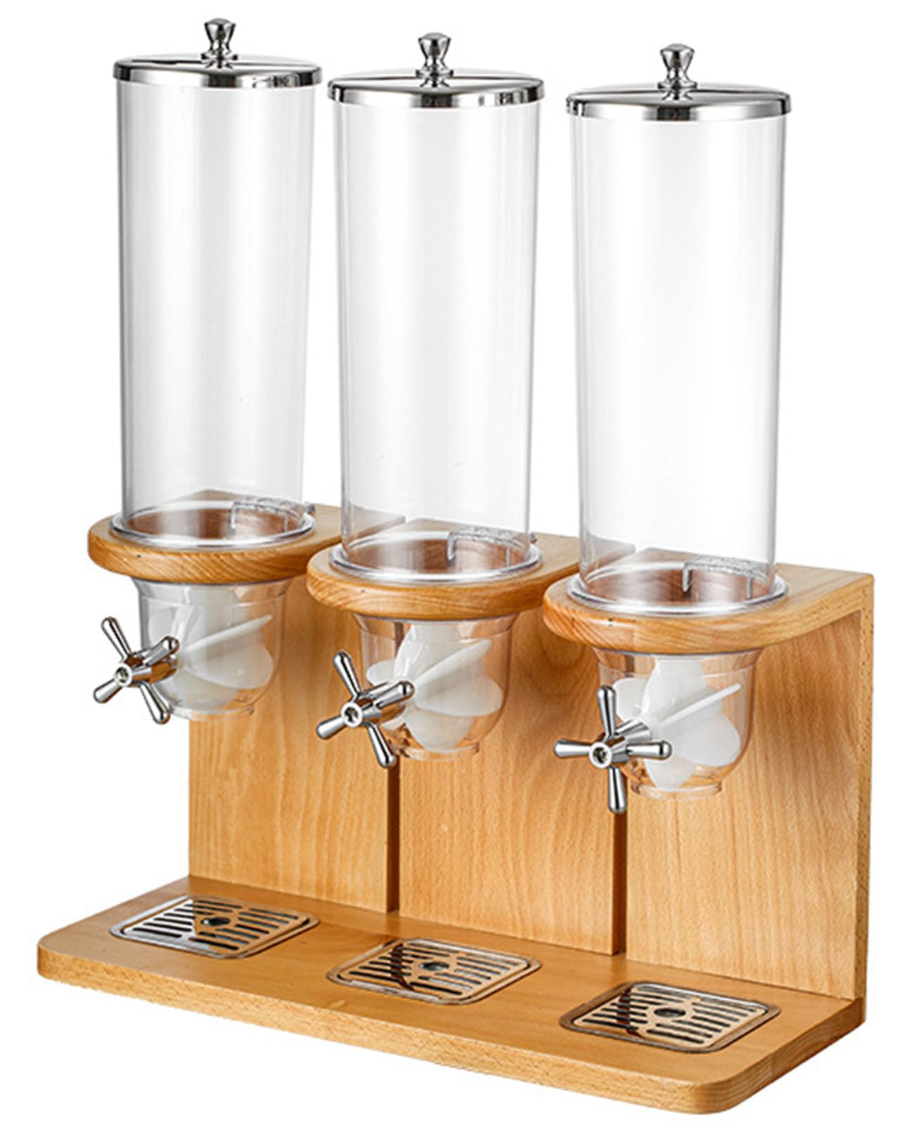 Litelogy Cereal Dispenser with Wooden Base, 3 Barrels Airtight Dry Food Container, 4L Each Countertop Organizer for Oats, Grains, Nuts, Beans, Rice