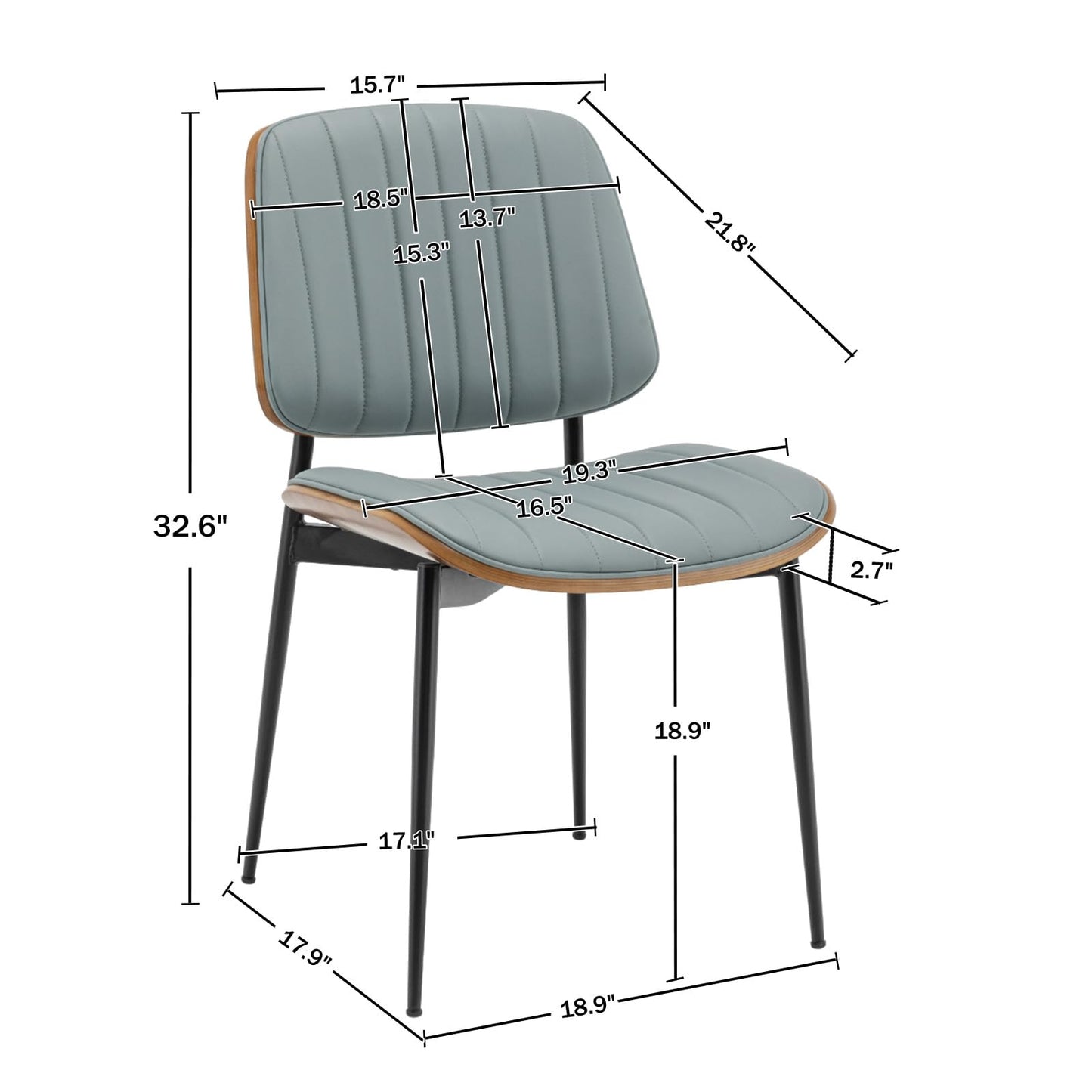 LUNLING Dining Chairs Set of 2,Mid Century Modern Retro Faux Leather Chair with Walnut Bentwood Upholstered Seat Metal Legs Adjustable Foot for Kitchen Dining Room Chairs(Blue)