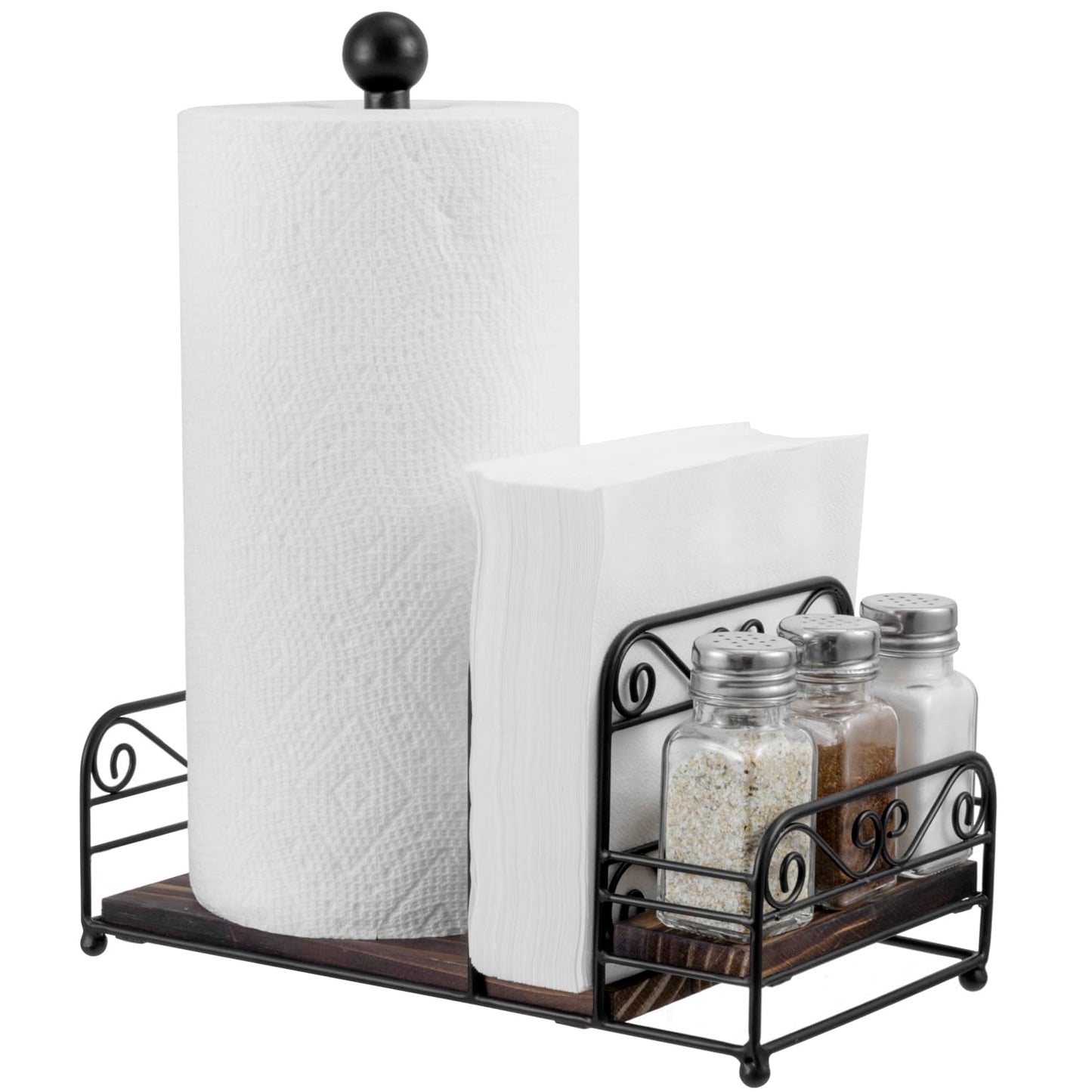 MyGift Matte Black Metal Wire Scrollwork Paper Towel Roll Holder Combo Caddy with Rustic Burnt Solid Wood Base, Napkin Holder, and Spice Rack