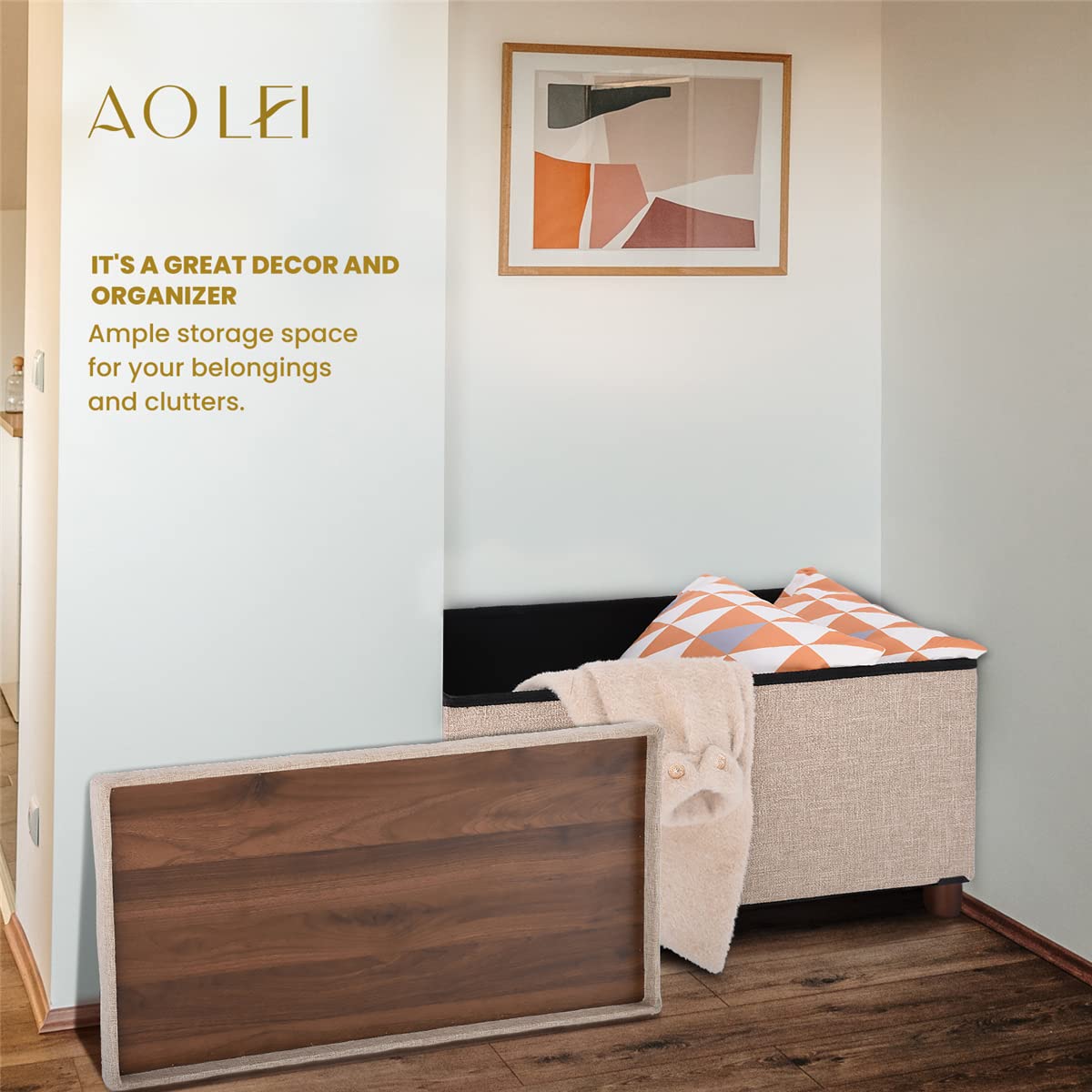 Ao Lei 30 Inches Storage Ottoman Bench, Storage Bench with Wooden Legs for Living Room Ottoman Foot Rest Removeable Lid for Bedroom End of Bed, Linen Fabric, Folding Beige Ottoman