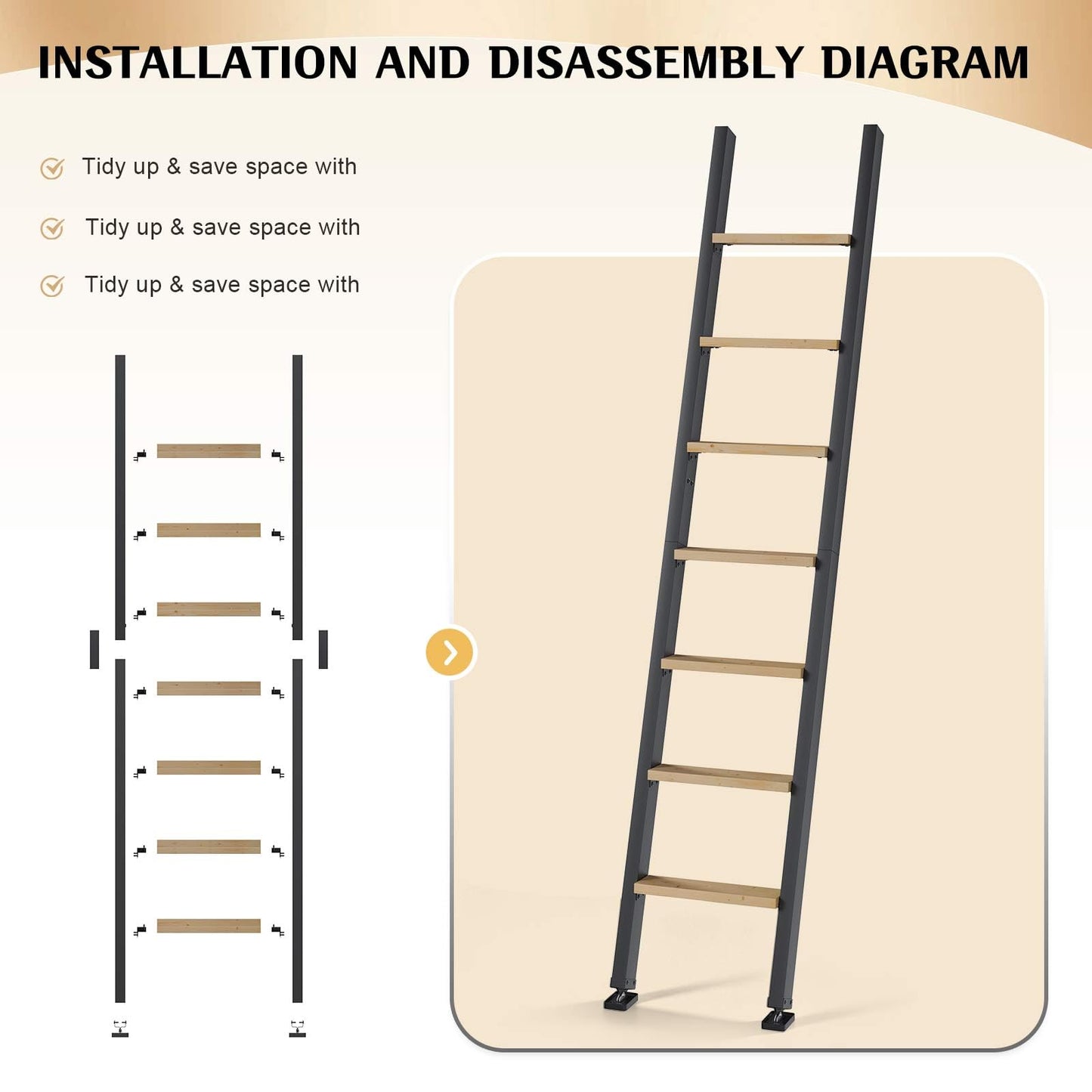 Fredbeck 8ft,96inch Library Ladder Carbon Steel Frame Wooden Step,for Loft