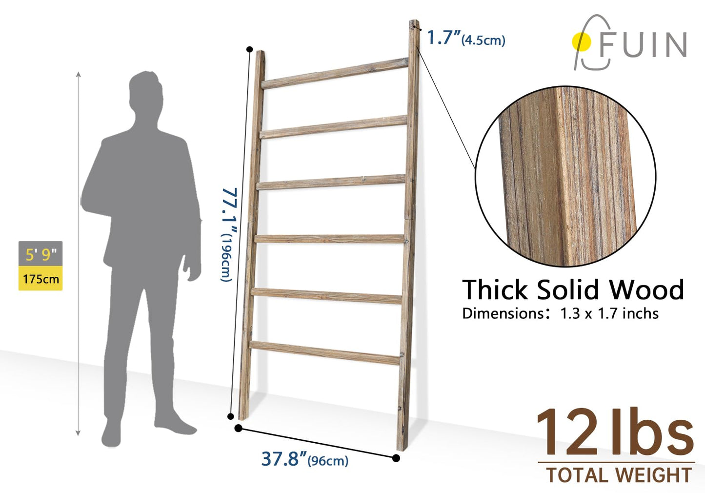 FUIN Extra Wide 6.4ft Wooden Blanket Ladder Living Room Decorative Wal Leaning Farmhouse Quilt Display Holder Rustic Wood Towel Rack for Bathroom, Burnt Brown, 38 inch Wide