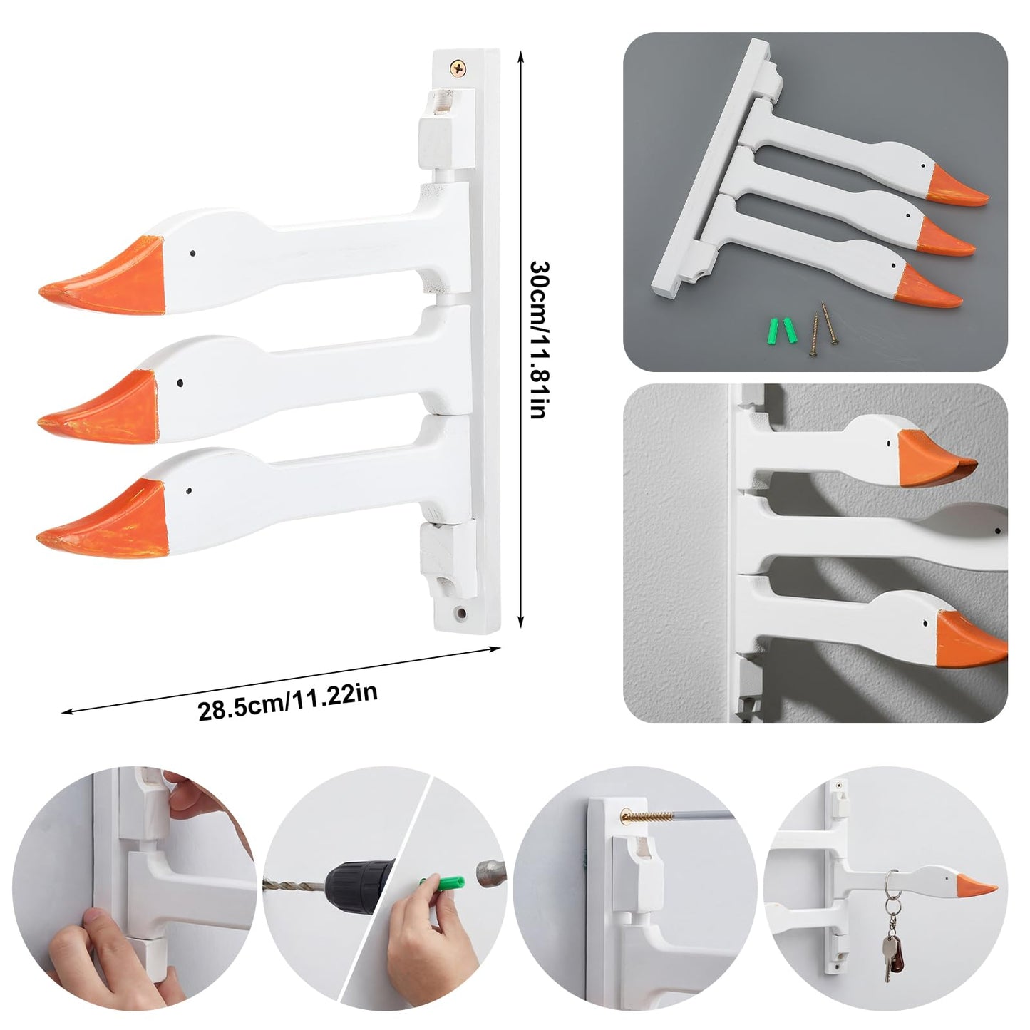 Sliner Silly Goose Neck Wall Hooks Wooden Goose Nursery Decor Rotating Retractable Jewelry Holder Wall Mounted Cute Towel Hanger Modern Jewelry Storage Hooks for Nursery Bathroom Bedroom Home Decor