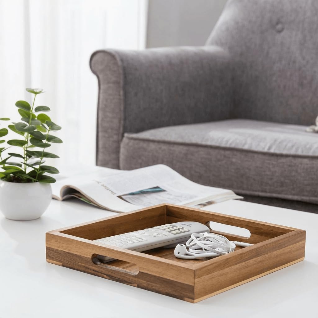 YOUEON Set of 2 Acacia Wood Serving Tray with Handles, 10x10x2 Inch Decorative Serving Trays for Food, Ottoman Tray, Square Coffee Table Trays for Dinner, Coffee, Wine, Appetizer