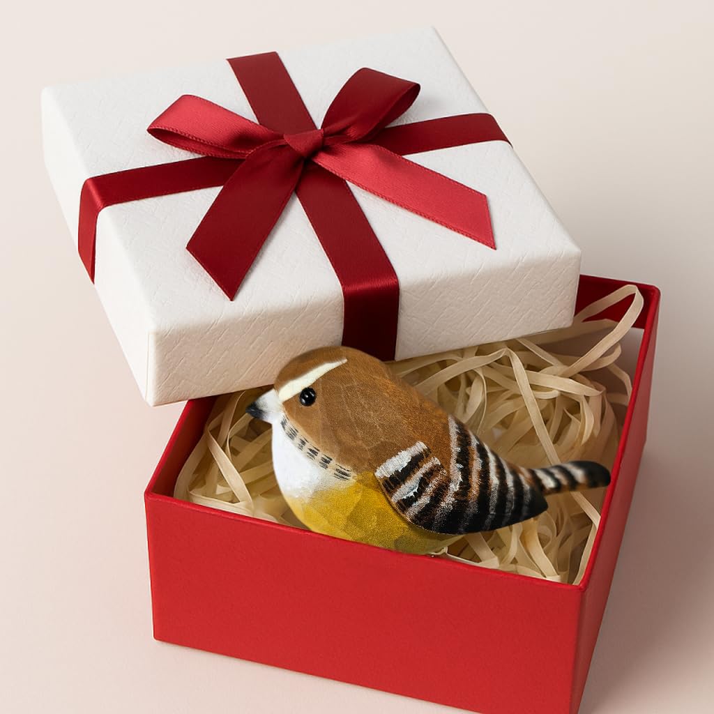 Clip-On Wooden Carolina Wren Ornament with Gift Box - Hand-Carved Wooden Bird for Christmas Tree, Wreaths & Gifts, Rustic Woodland Décor