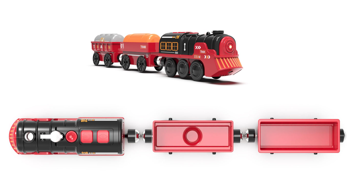 Toy Train Electric Train Set for Wooden Tracks, Christmas Motorized Train Toys for Toddlers, Battery Operated Train Includes Lights, Sounds, Smoke, Steam Train Compatible with Thomas, Brio