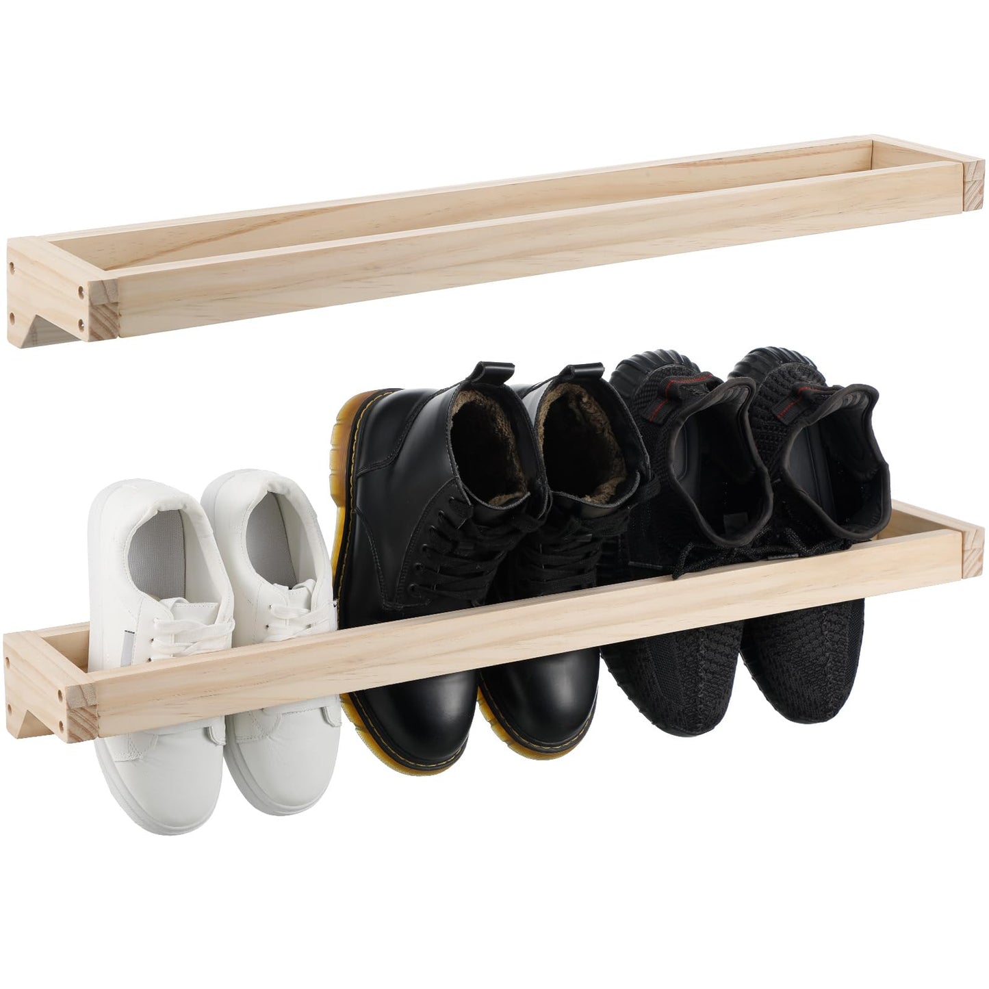 Wenqik 2 Pcs Wall Mounted Wooden Shoe Rack 30 Inch Rustic Wood Wall Hanging Shoe Rack Space Saving Footwear Holder Shoes Storage Organizer for Mudroom, Entryway, Closet (Wood Color)