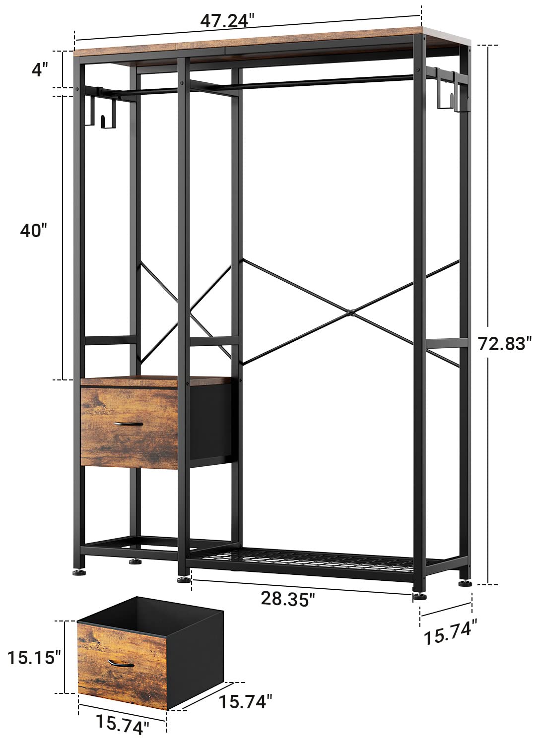 Lulive Clothes Rack with 2 Rods, Shelves, Drawers & Hooks, Garment Rack
