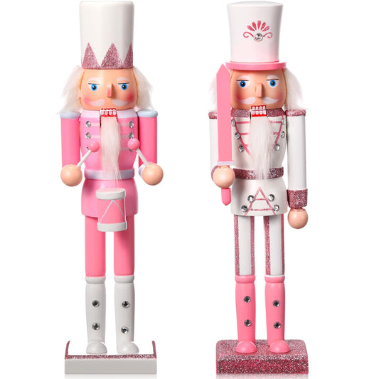 Huwena 2pcs Christmas Nutcracker Figure Decor Wooden Nutcracker Soldier Figure Decor 12 Inch Holiday Festive Party Gift for Home Office Mantel Shelves Table(Drummer and Soldier,Pink Color)