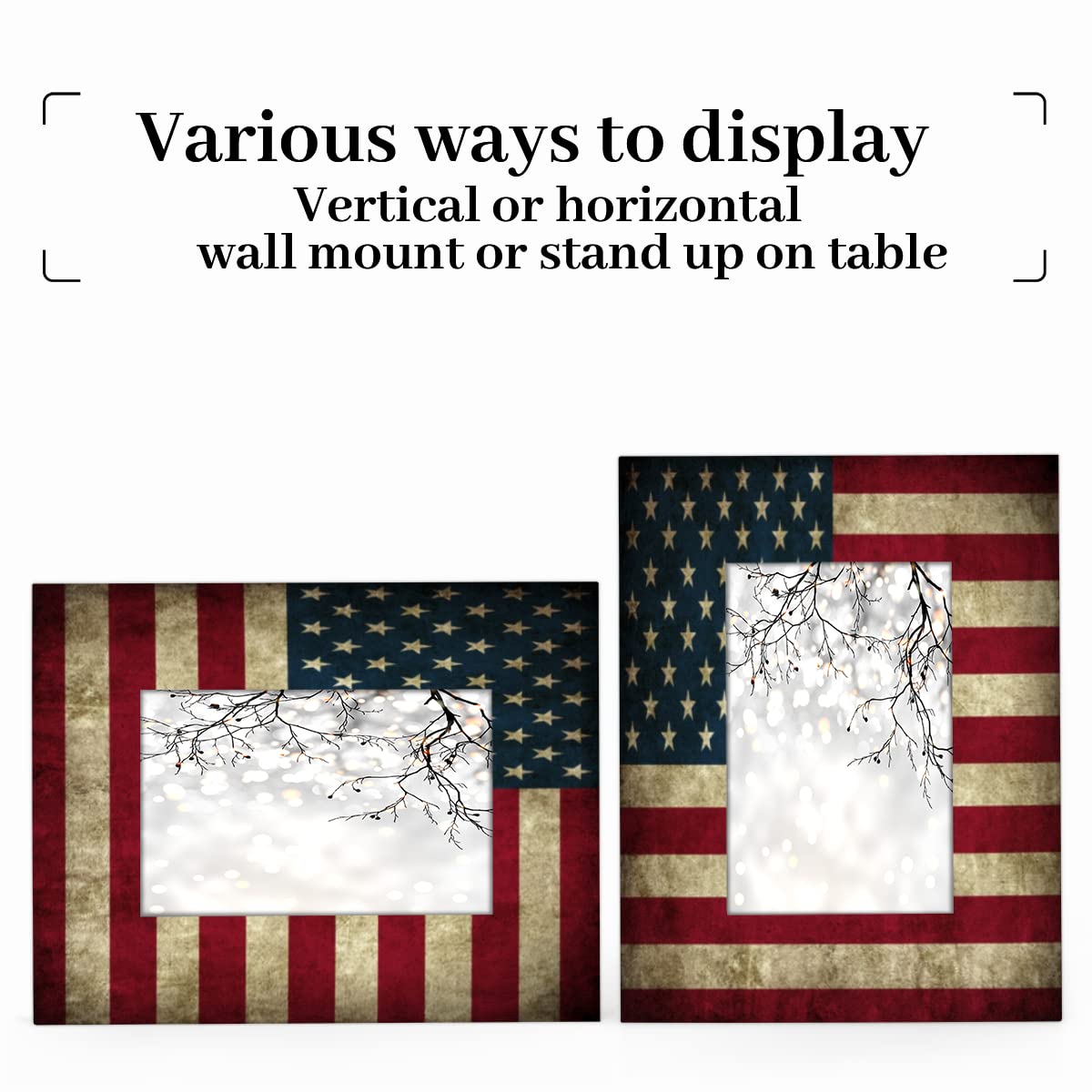 FengQuGou 4 x 6 in Picture Frame America Usa Flag, Rustic Solid Wood With Mat Wooden Photo Frames, Photo Frames for Wall Mounting or Standing Table Top Family Baby Grandma Office Hotel Decoration