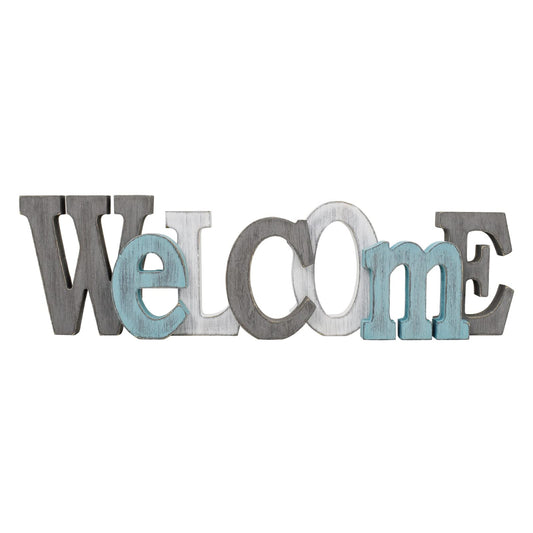 Morning View Wooden Welcome Sign Decorative Hanging Word Signs Table Top Cutout Block Letters Standing Welcome Letter Sign Wall Decor for Living Room Home Decor Shelf Mantel (Aqua)