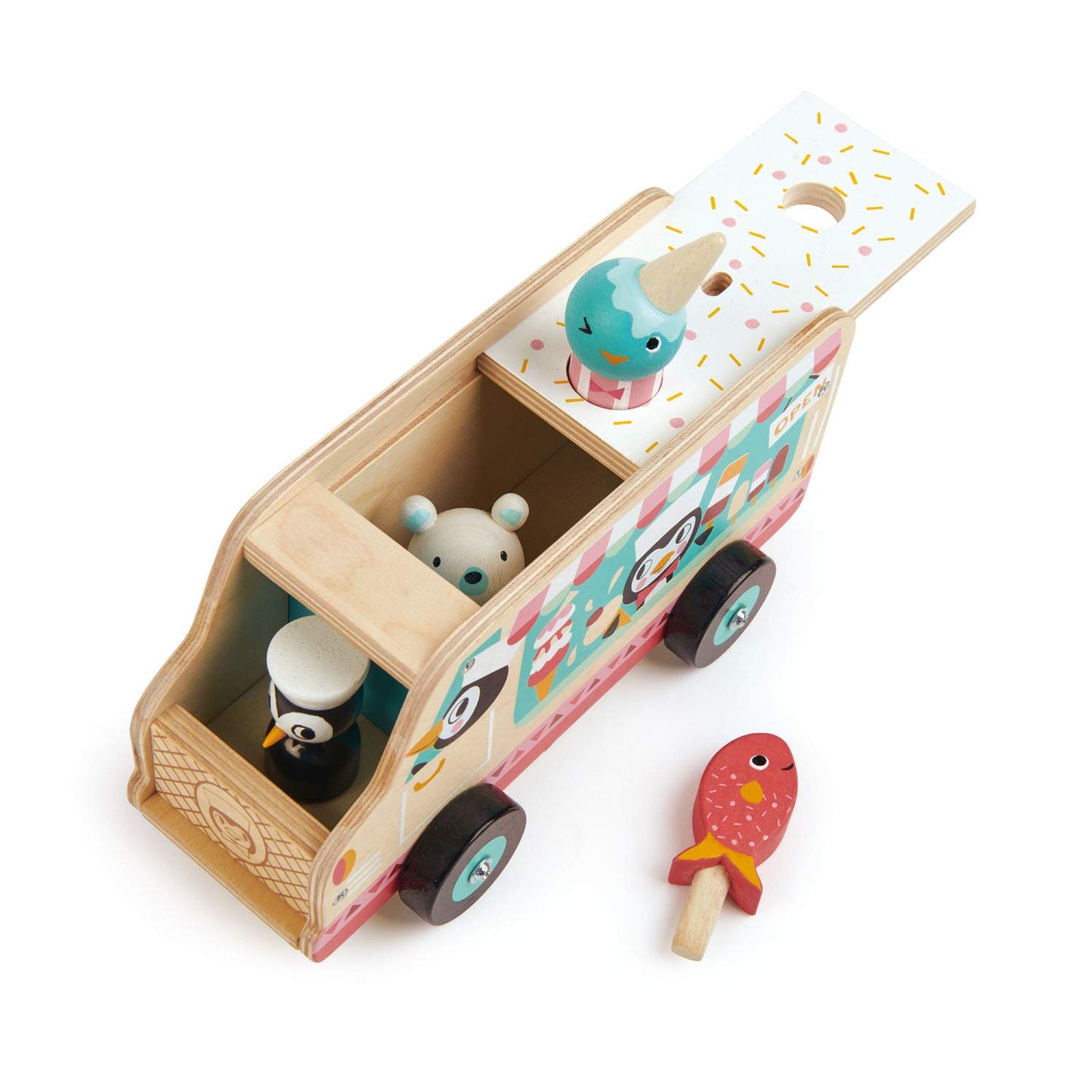 Tender Leaf Toys - Penguin’s Gelato Van - Food Truck Style Pretend Food Play Ice Cream Wooden Vehicle - Encourage Role Play and Develops Social Skills for Children 18m+