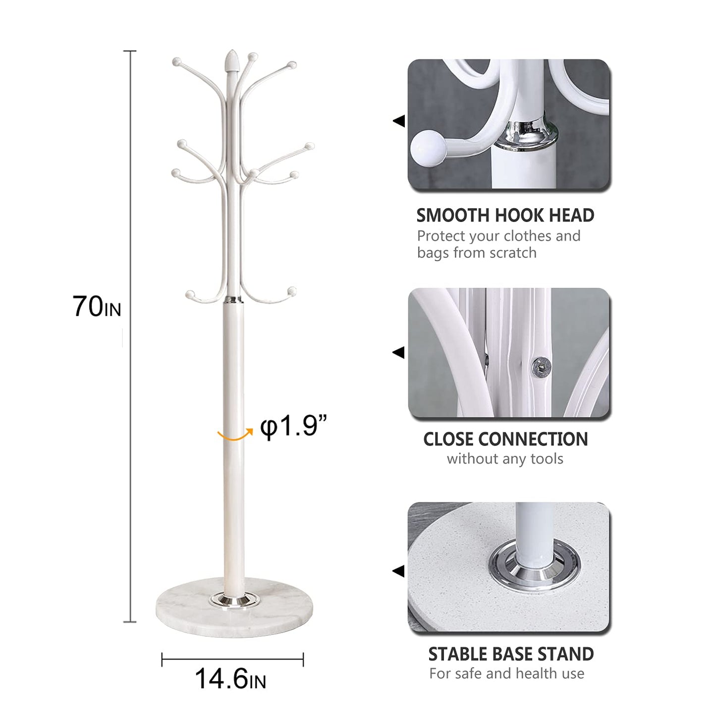 Kertnic Freestanding Coat Rack Stand, Heavy Duty Metal Hall Tree with 12 Hooks, 70 Inch Tall Stable Coat Hanger with 14.6" Natural Marble Base, Entryway Organizer for Coats Bags Hats Purses (White)