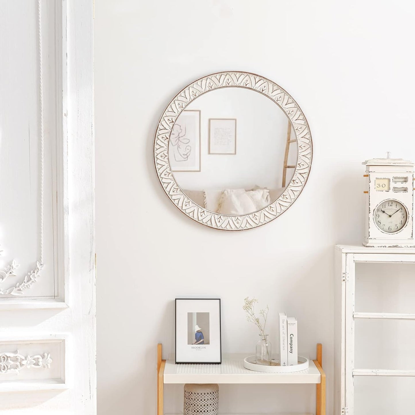 fuxuiwy 20" Round Rustic Mirror Wooden Frame Circle Mirrors, Distressed Wall Mounted Mirror for Bathroom, Bedroom, Living Room, Entryway, Fireplace, Hall