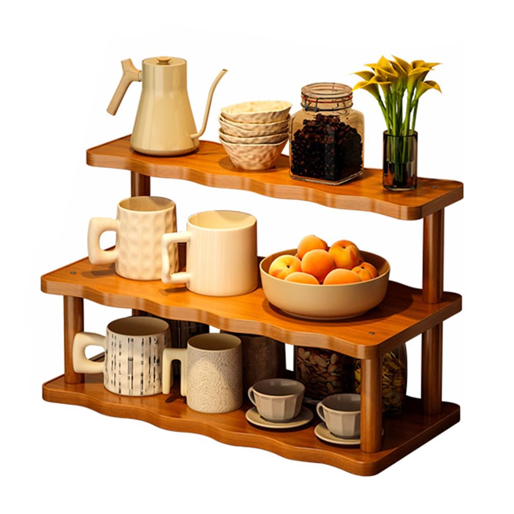 STEHEMO Wooden Mug Holder Countertop, Coffee Station Organizer, Counter Shelf for Tea Coffee Bar Accessories, Matcha Stand, Cup Display, Kitchen Condiment Storage Rack,3tier,19.69IN
