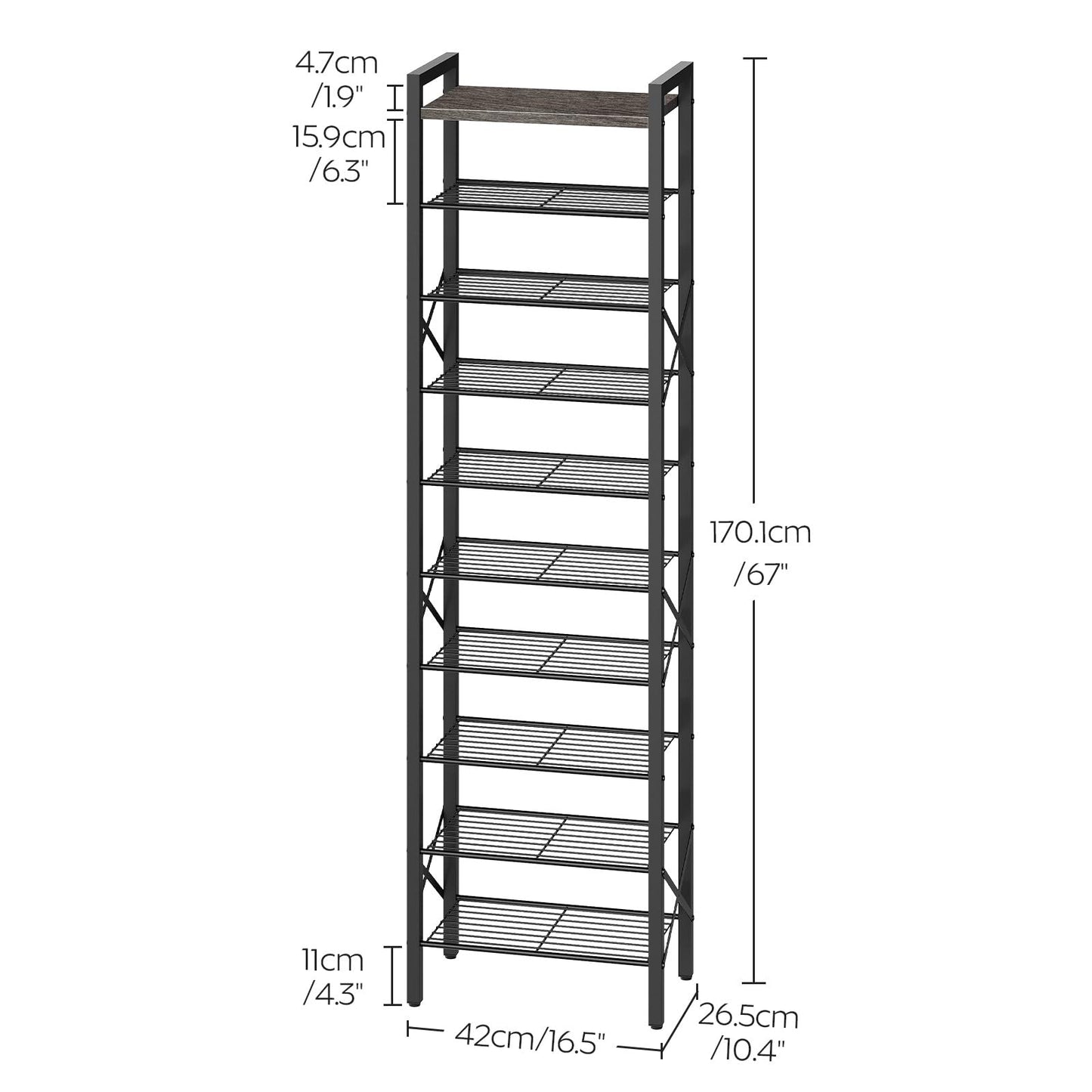 YATINEY 10-Tier Narrow Shoe Rack, Tall Shoe Rack for 10-20 Pairs, Shoe Storage Shelf with 2 Non-Woven Drawers, SS68BC-SS11BR