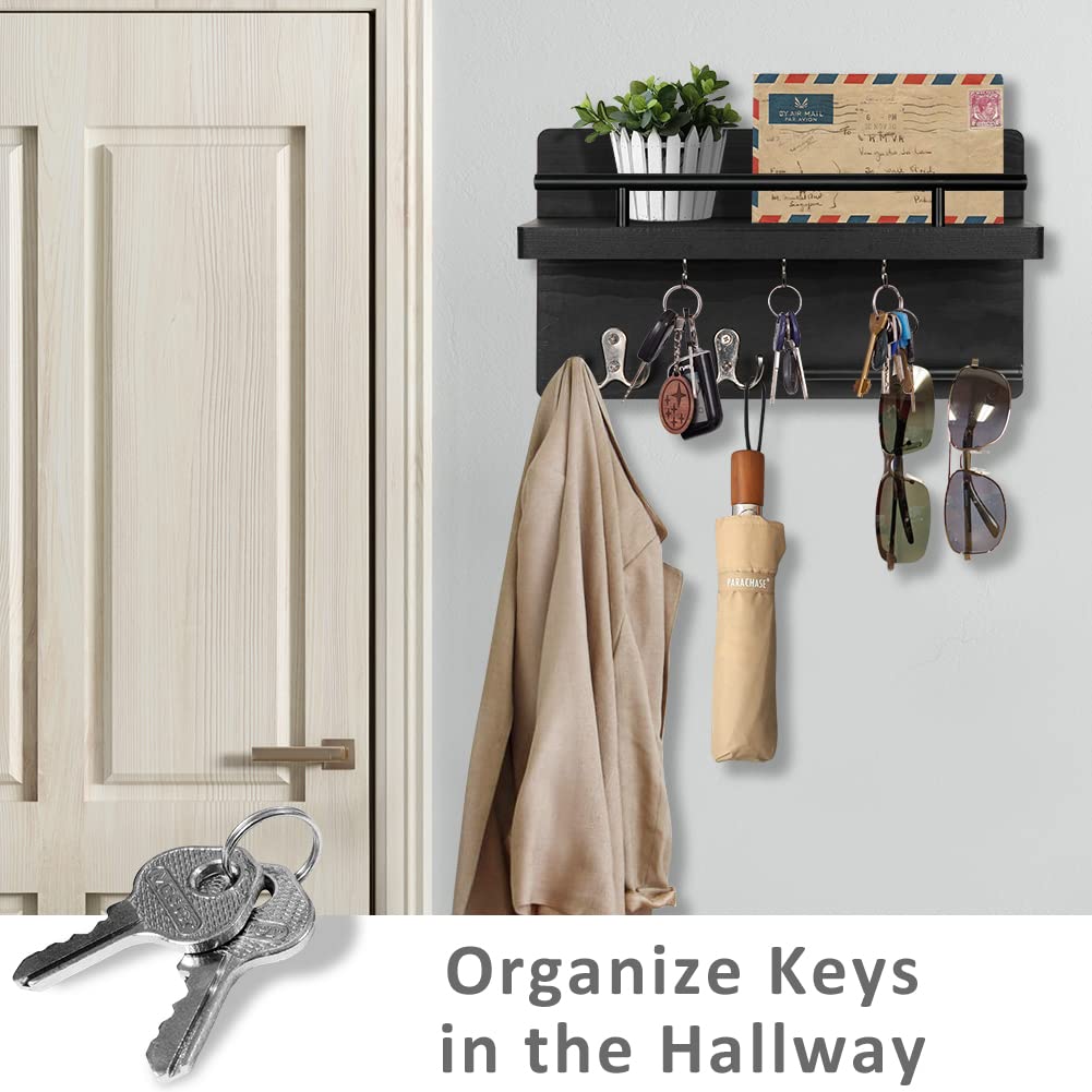 OurWarm Key Holder for Wall Decorative with 5 Key Hooks, Wall Mounted Key Hangers for Wall with Mail Key Rack, Wooden Mail Organizer with Shelf