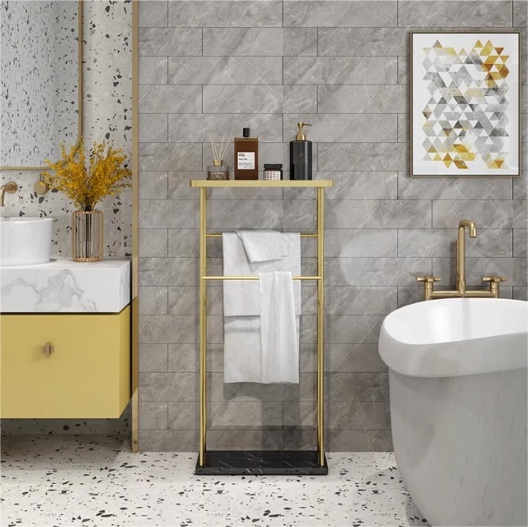BIOMICE Floor Towel Rack 2 Tier Iron Towel Stand with Marble Base and Glass Countertop Freestanding Towel Rack Nordic Towel Holder for Bathroom Freestanding Towel Racks