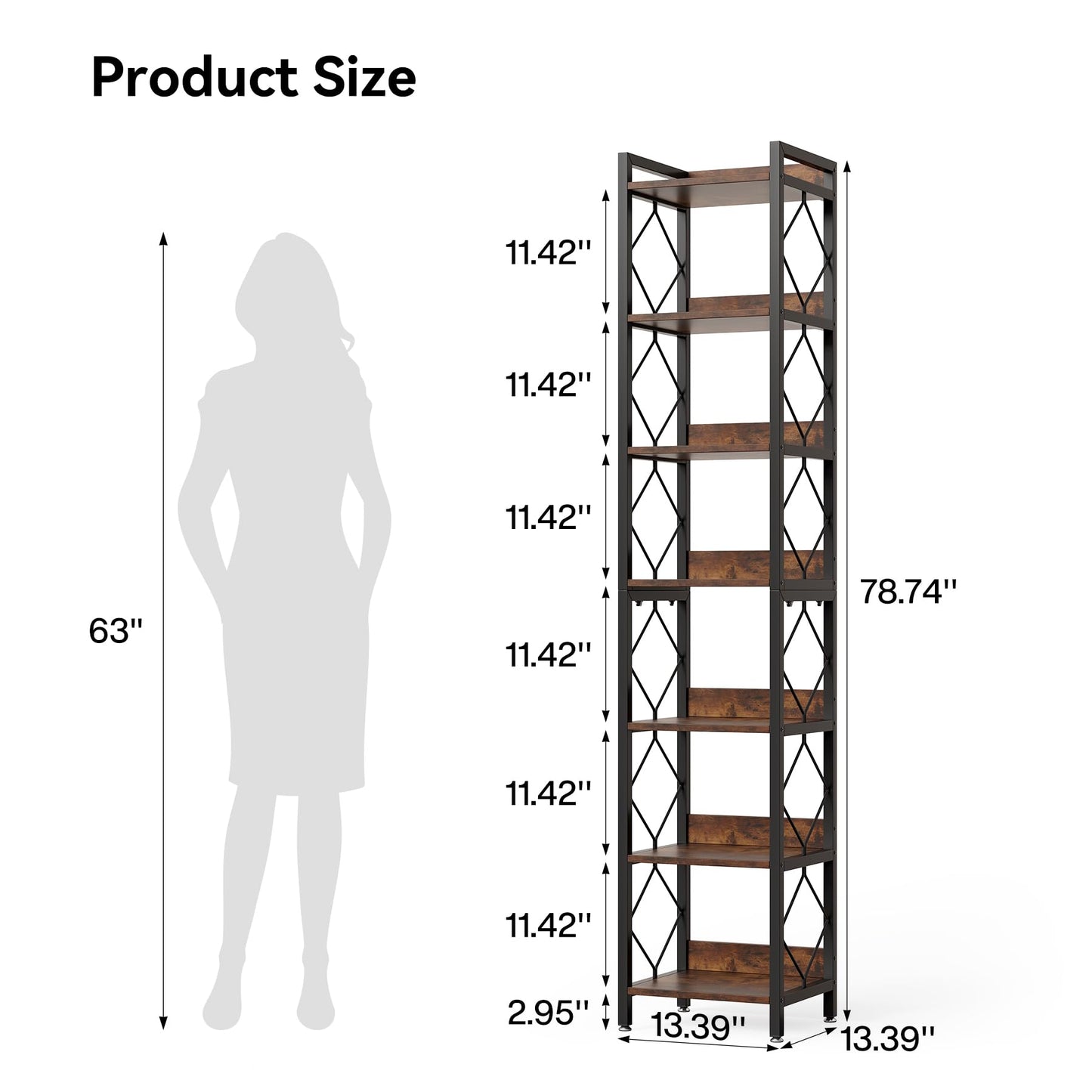LITTLE TREE Corner Book Shelf, 78.7" Tall Narrow Bookcase, 7-Tier Skinny Wooden Display Shelves with Sturdy Metal Frame for Living Room, Modern Slim Standing Bookshelves for Office Shelf, Small Spaces