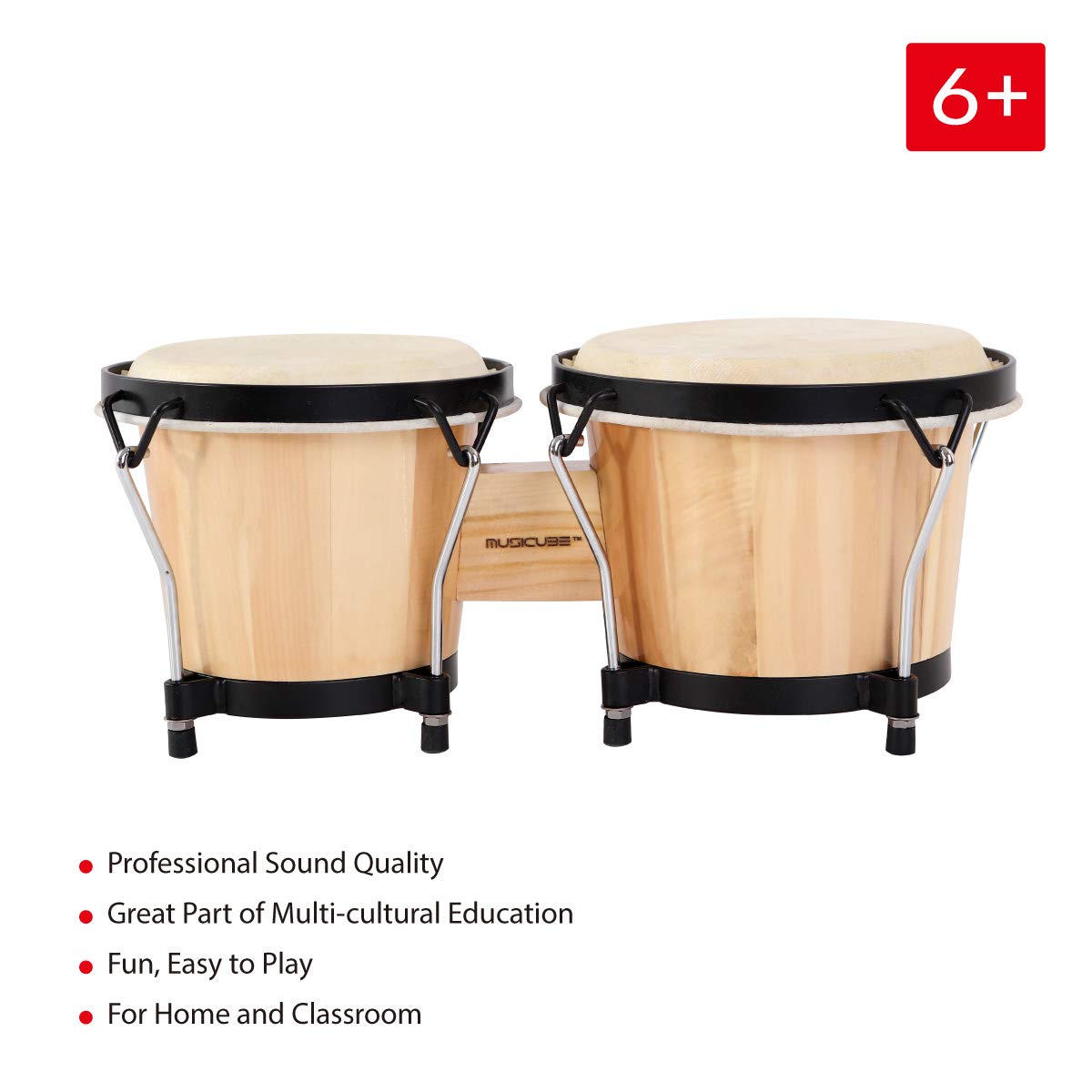 MUSICUBE Bongo Drum Set, 6” and 7” Percussion Instrument, Wooden and Metal Drum for Adult Kids Beginners Professionals with Tuning Wrench